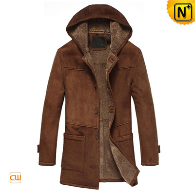 Mens Casual Fur Lined Sheepskin Leather Coat With Hood