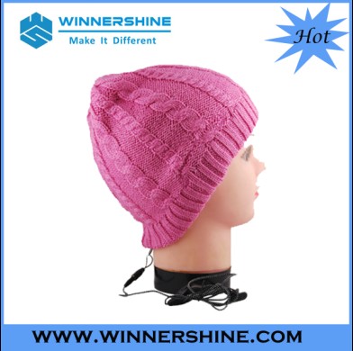 Pink Cable Knitted Beanie Headphone Built In Speakers