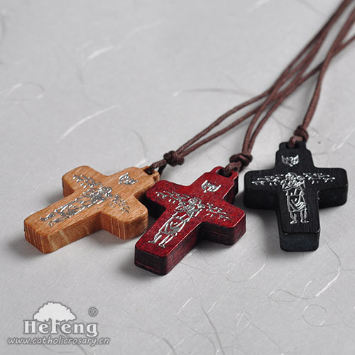 Rosary Necklace Wood Pendant Cross Religious Cord Knotted Jewellery