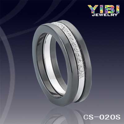 Streamlined Diamond Inlay Ceramic Wedding Jewelry Round Black Rings
