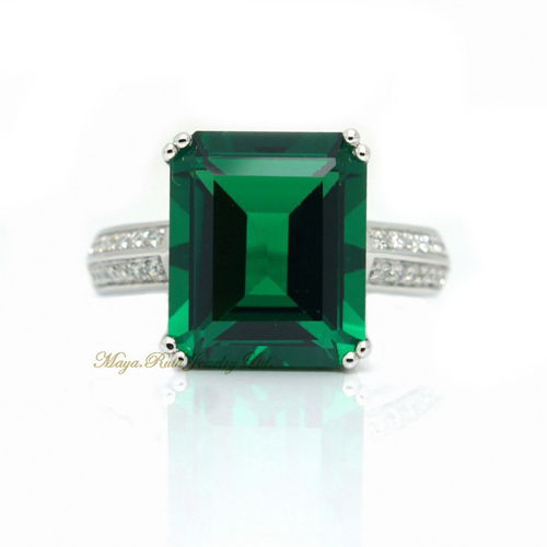 Synthetic Emerald Ring Square Shape 925 Sterling Silver White Gold Plated Luxury And Elegant Female