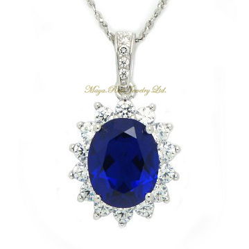 Synthetic Sapphire Blue Color Pendant 925 Sterling Silver William And Diana Set Fashion Noble Elegan