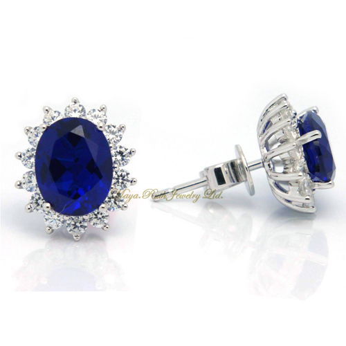 Synthetic Sapphire Earrings Diana Design William Luxury Noble 925 Sterling Silver White Gold Plated