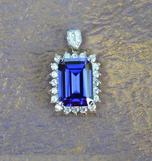 Synthetic Tanzanite Square Shape Pendant 925 Pure Silver Fashion Luxury White Gold Plated Vintage Gi