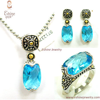 Vintage Jewelry Set Brass Cz With Oval Blue Gemstones And Genuine Rhodium Plating