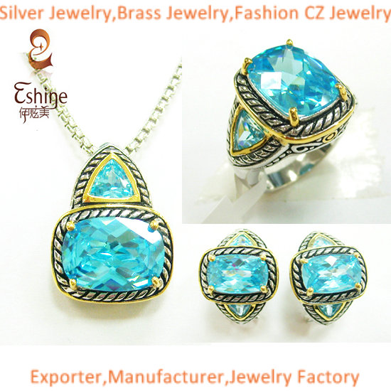 Wholesale Yurman Style Brass Jewelry Designer Inspired Set With Aqua Cz Stones