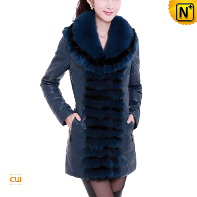 Women Blue Rabbit Fur Sheepskin Leather Down Coat