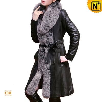 Women S Classic Black Long Fox Fur Sheep Leather Coat
