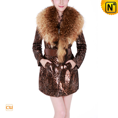 Women S Designer Embossed Sheepskin Leather Coat Raccoon Fur Collar