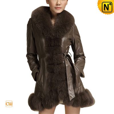 Women S Slim Luxury Fox Fur Leather Coat Lace Up Belt