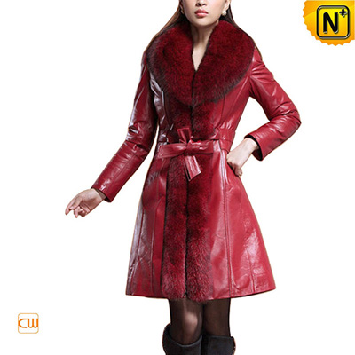 Women Slim Large Fox Fur Trimmed Leather Coat