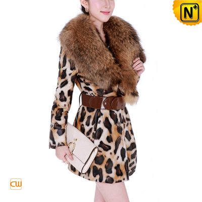 Womens Raccoon Fur Collar Leopard Embossed Leather Coat