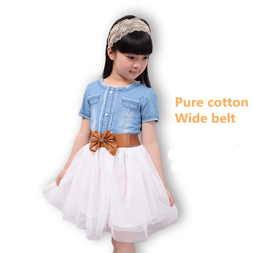 2015 Girls Summer Preppy Style Pure Cotton Voile Blue Jean Dresses Short Sl