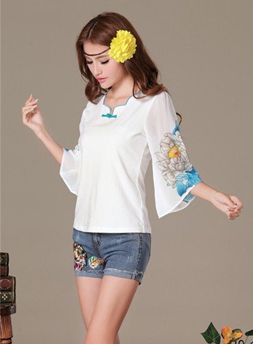 2015 New Arrival Women Summer Floral Print Chiffon Tops Flare Sleeve Chines