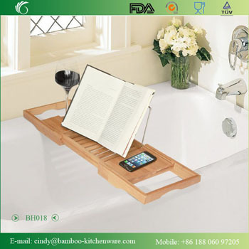 Bamboo Bathtub Caddy With Extending Sides And Adjustable Book Holder