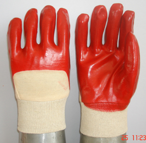 Red Pvc Glove Open Back Knit Wrist Smooth Finish